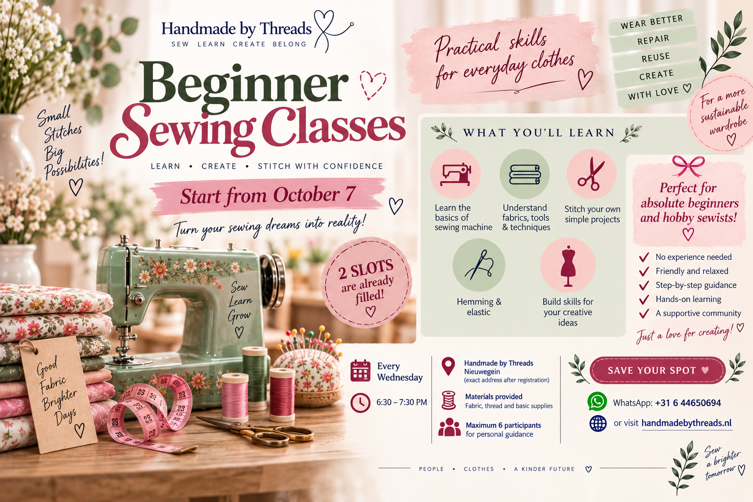 Handmade by Threads beginner sewing class information