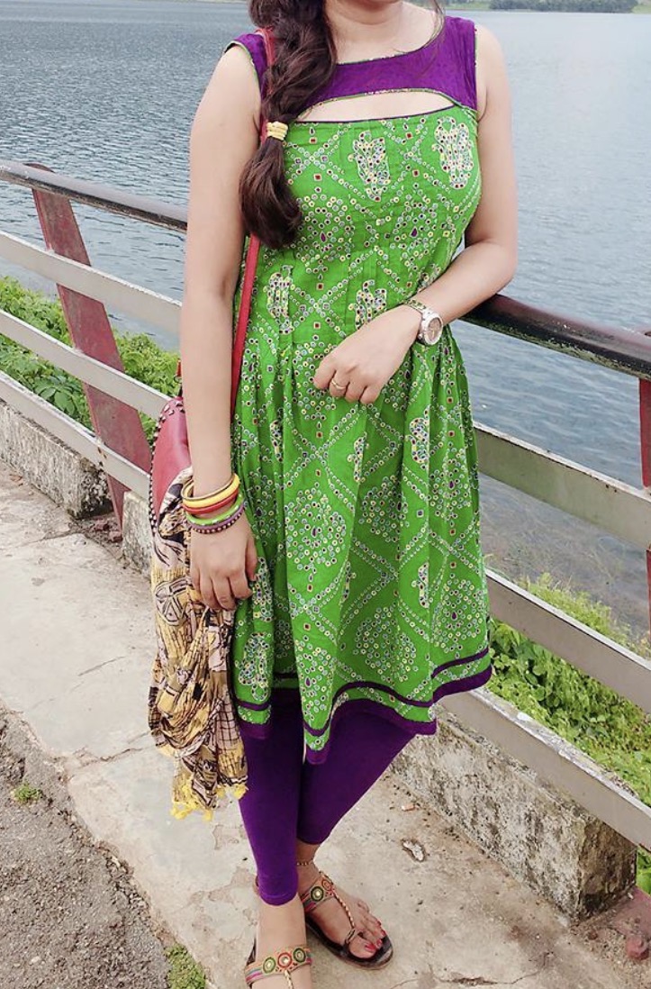 Handmade green and purple dress design