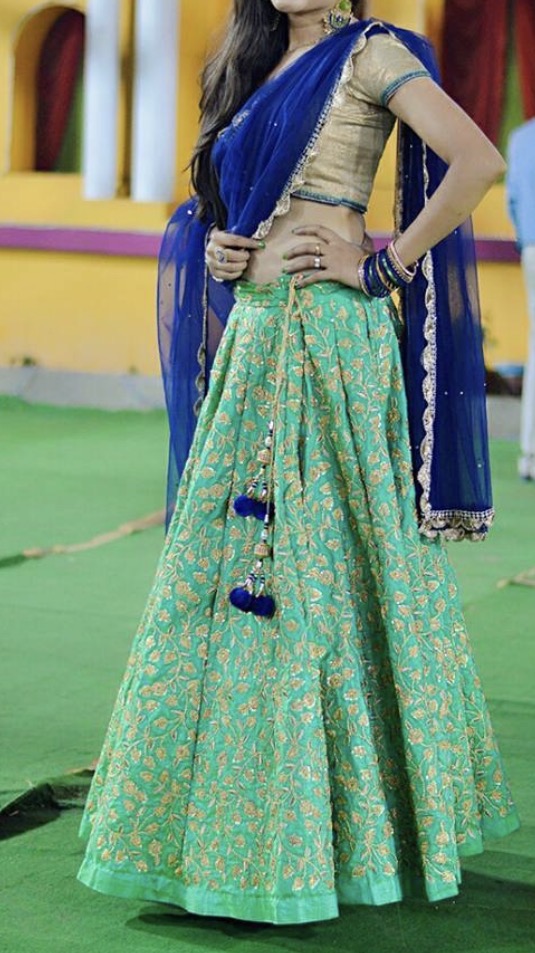 Handmade green lehenga with blue dupatta