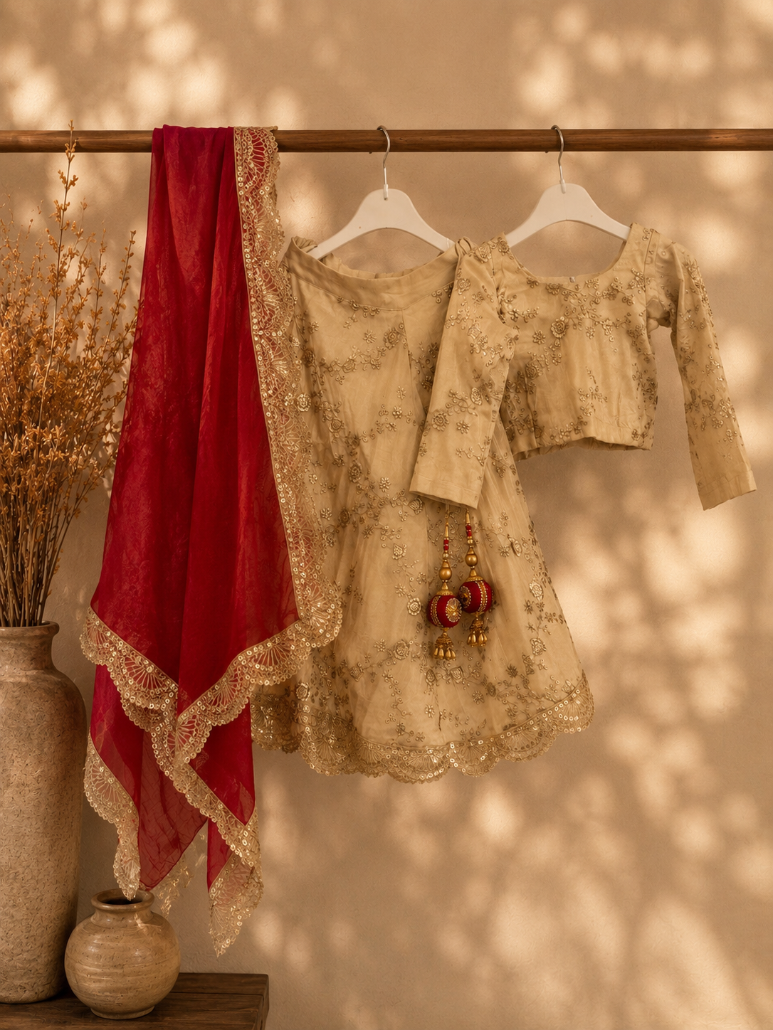 Handmade beige and red girl's lehanga