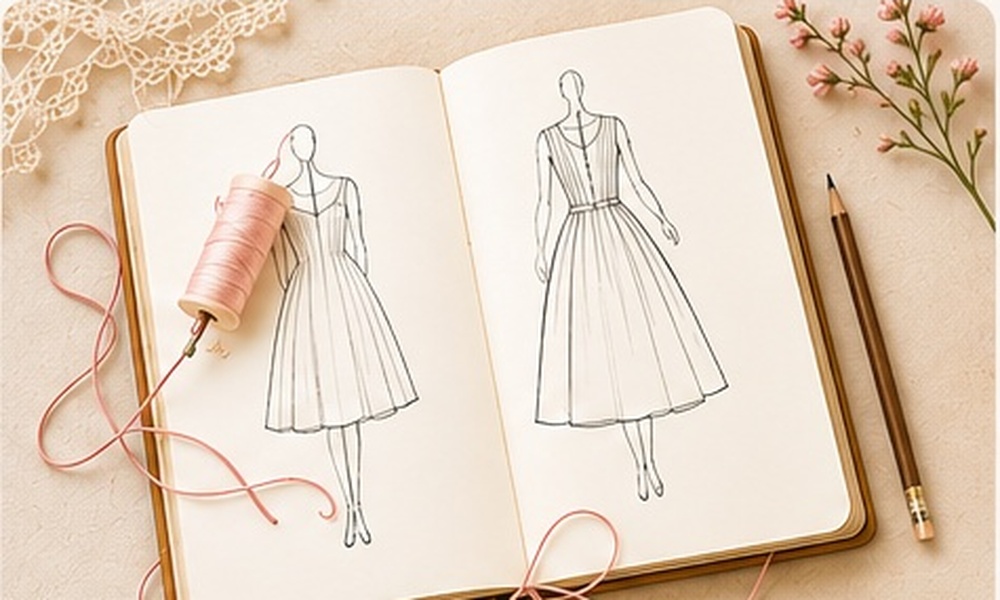 Alterations sketchbook with dress drawings, thread and pencil