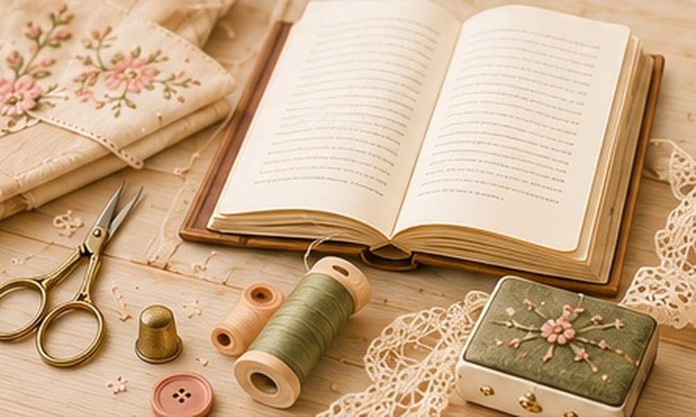 Sewing course table with open book, scissors, lace and thread
