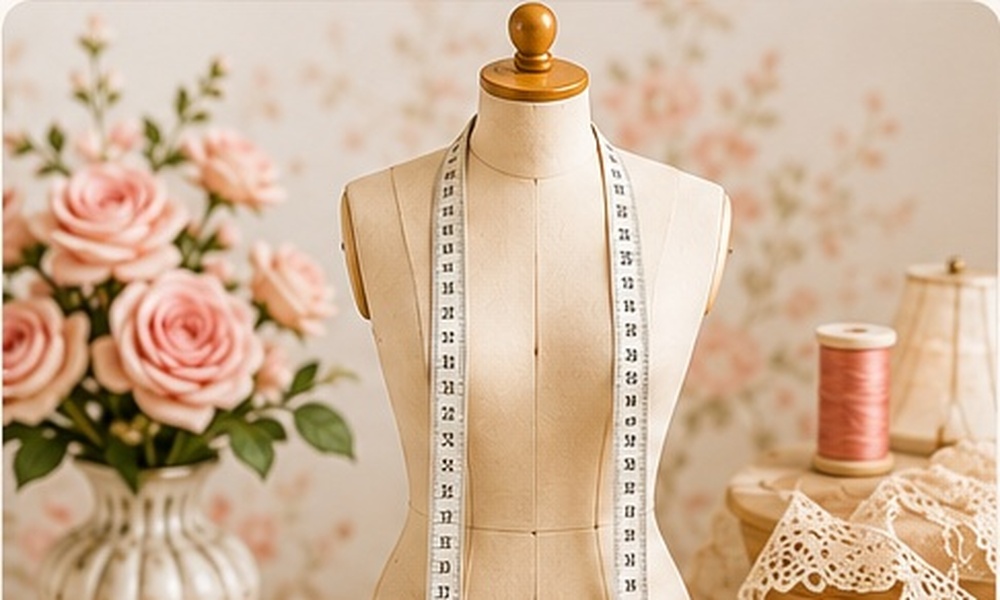 Custom tailoring with dress form, measuring tape, roses and sewing thread