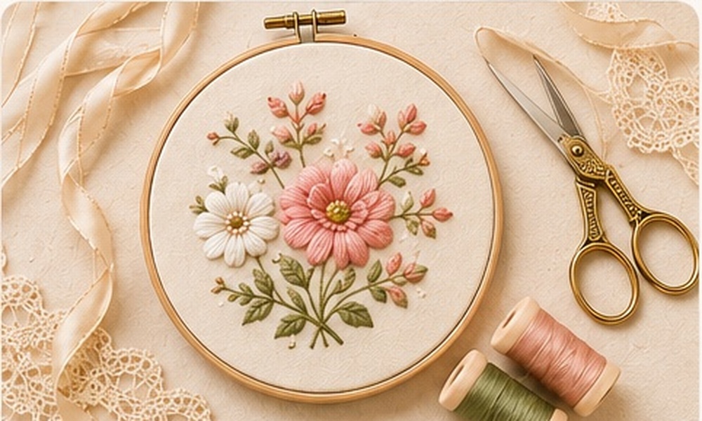 Floral embroidery hoop with lace, scissors and thread