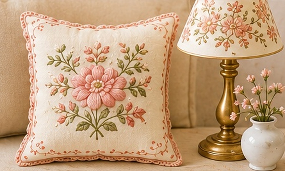 Embroidered cushion, lamp and small vase for home décor