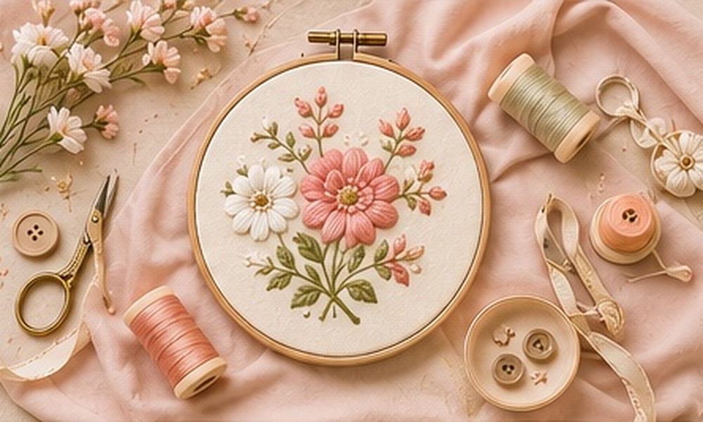 Workshop embroidery hoop with floral stitching, scissors, lace and thread